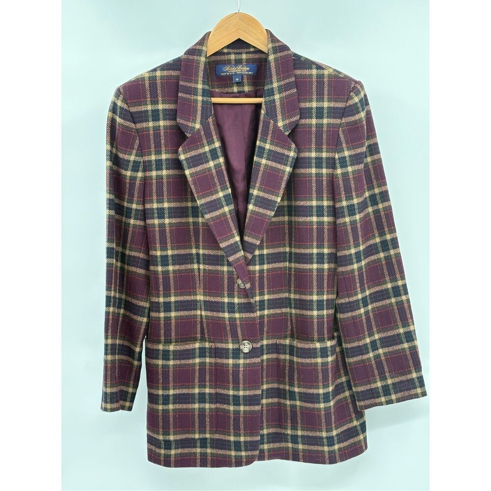 Vintage Brooks Brothers Blazer Worsted Wool Tartan Plaid Women 10 Maroon‎ Green